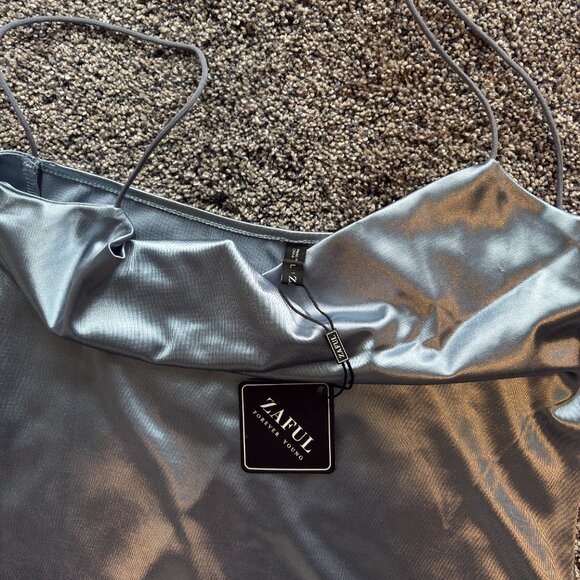 BRAND NEW Satin Metallic Sky Blue Evening Dress - Picture 2 of 2